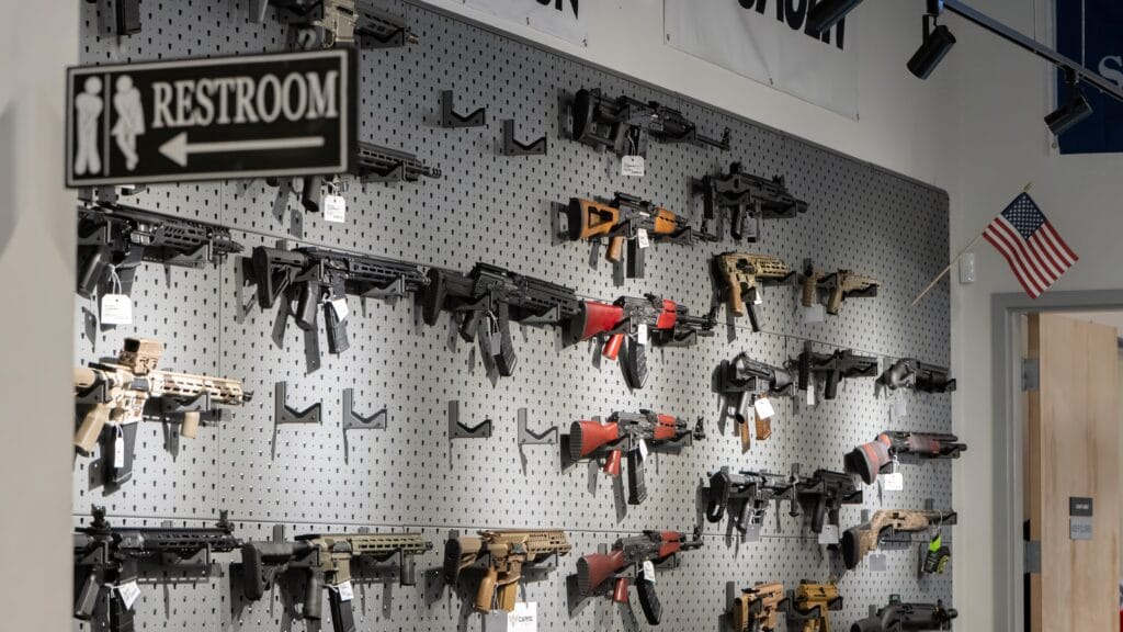 Our beautifully mounted wall of rifles available for rent and for sale at Capitol