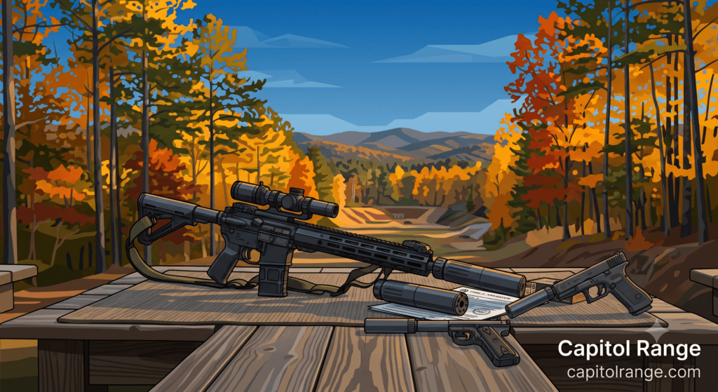 Assault rifle with scope on a wooden shooting bench in a autumn forest with orange and yellow trees and distant hills.