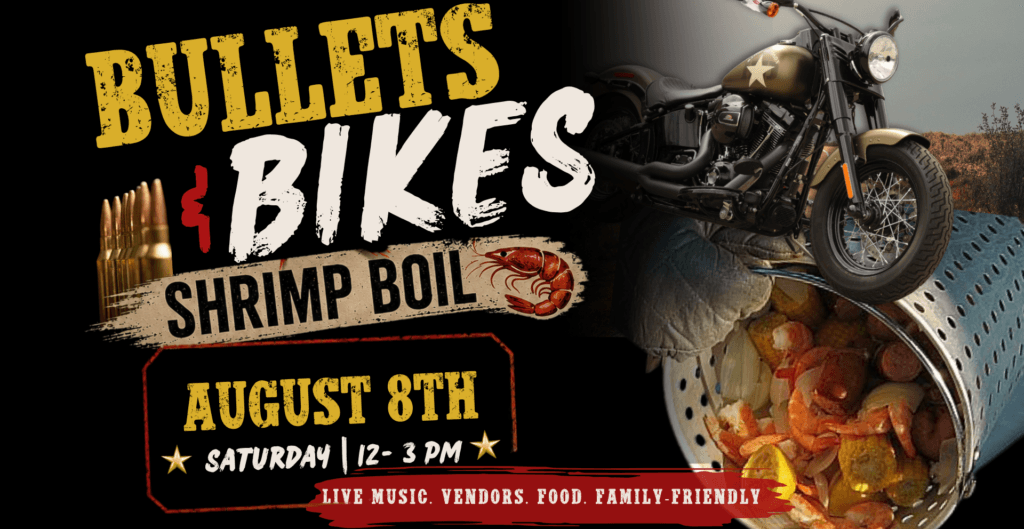 Event poster for Bullets & Bikes Shrimp Boil: motorcycles, shrimp boil, August 8th, live music, vendors, family-friendly.