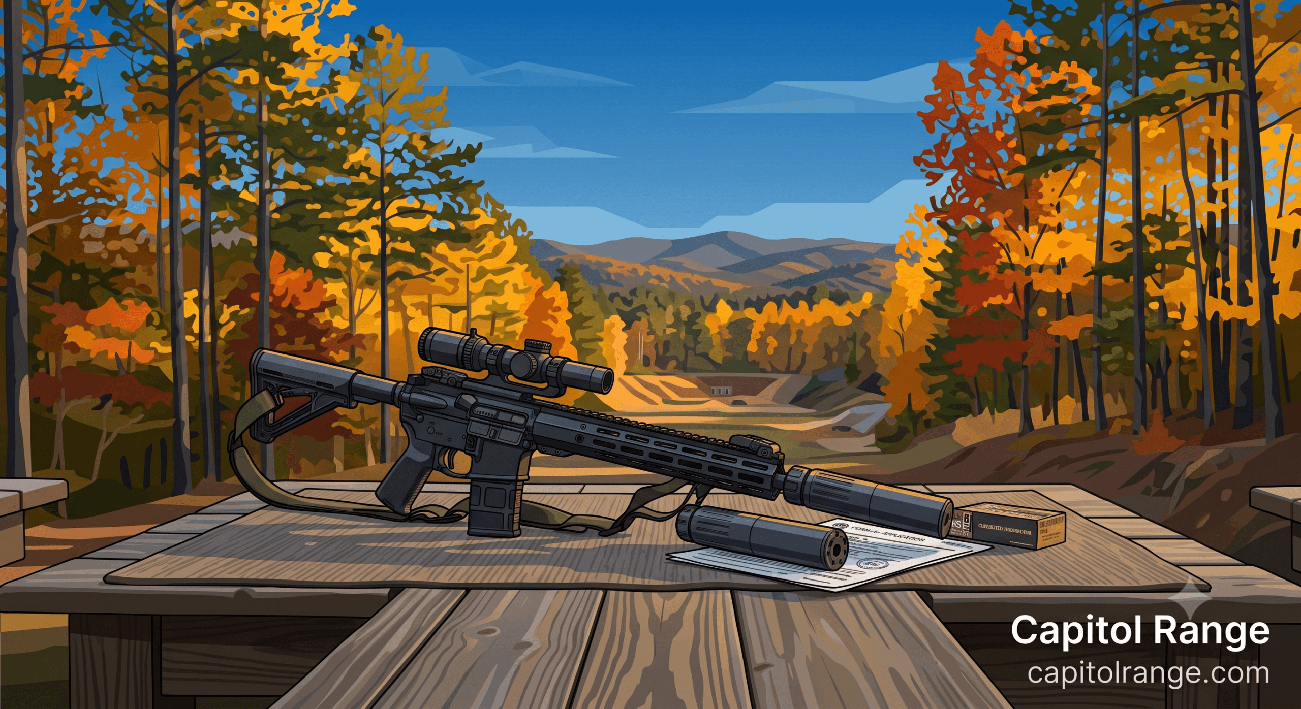 Semi-automatic rifle with scope resting on a wooden range bench in an autumn forest, with fallen leaves and mountains in the distance.
