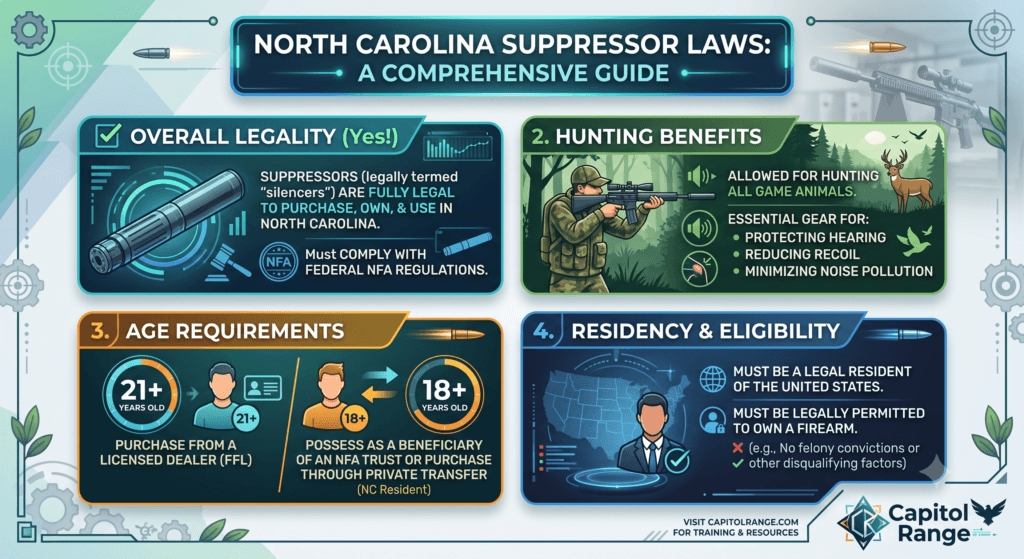 Infographic titled North Carolina Suppressor Laws: A Comprehensive Guide, with sections on legality, hunting benefits, age, and residency requirements.