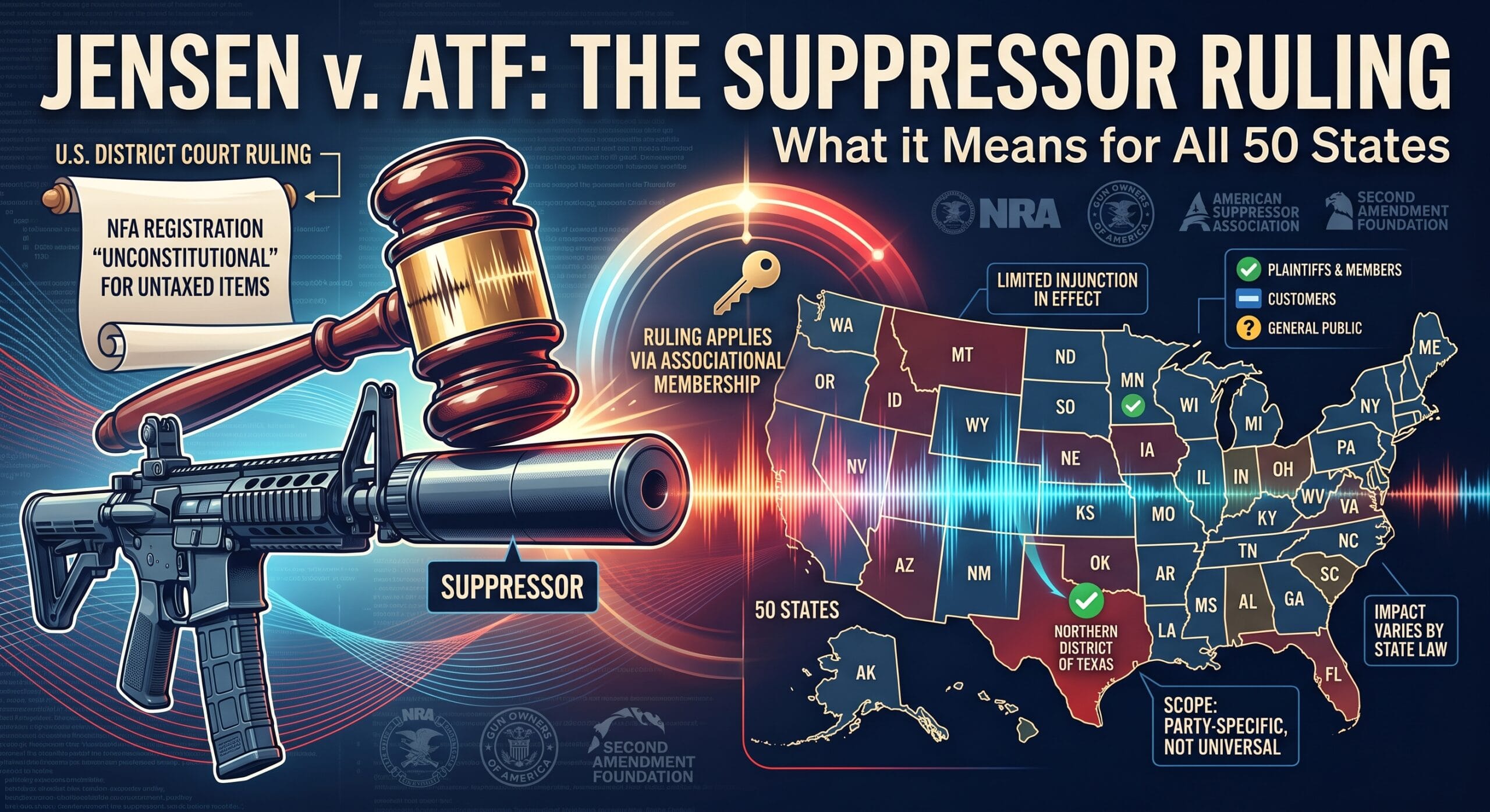 Gavel striking a suppressor-equipped rifle with a map of the U.S. showing state details and text about the NFA registration and Supreme Court ruling.